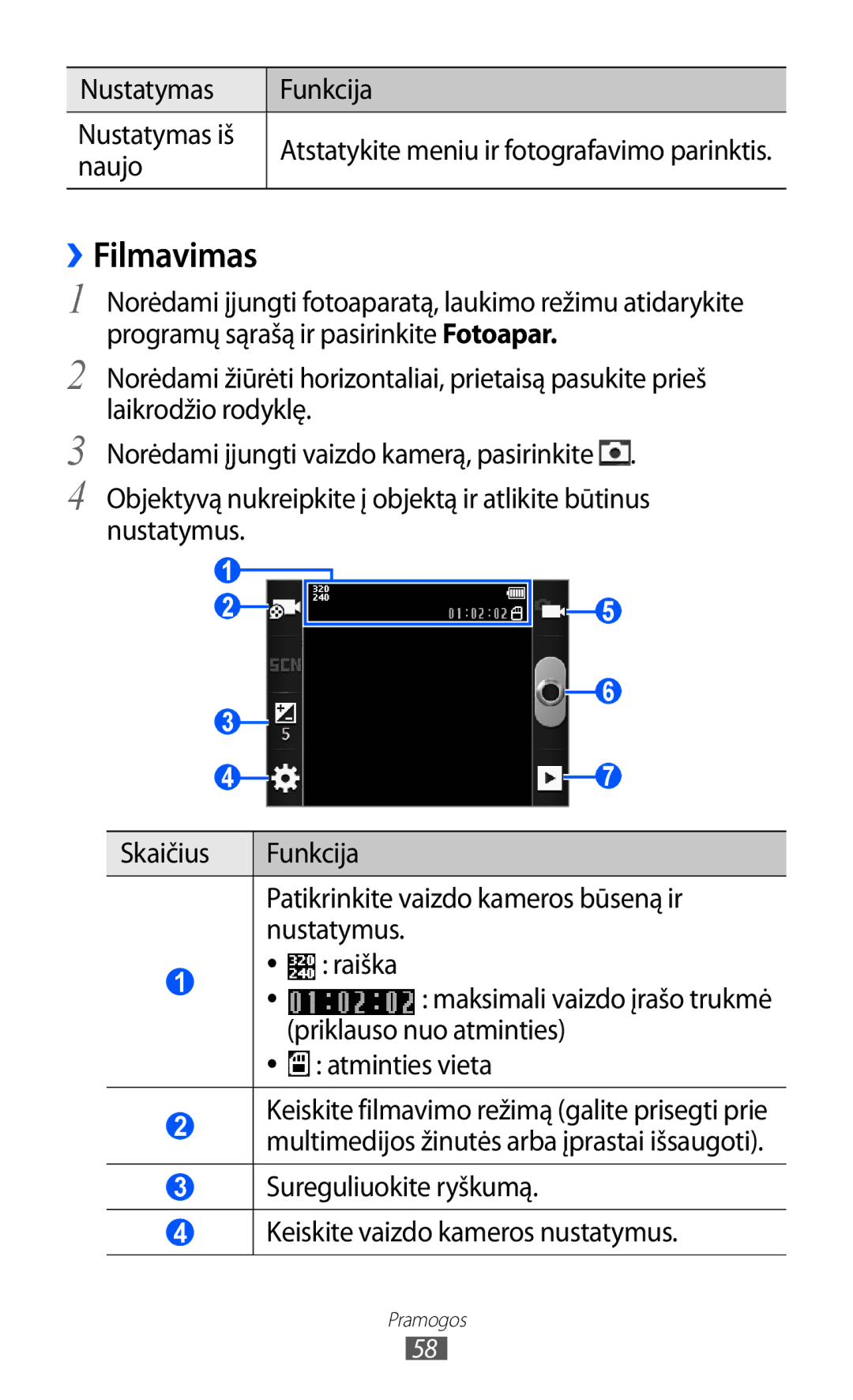 Samsung GT-S5360OIASEB, GT-S5360UWHSEB, GT-S5360TKASEB manual ››Filmavimas, Nustatymas Funkcija Nustatymas iš, Naujo 