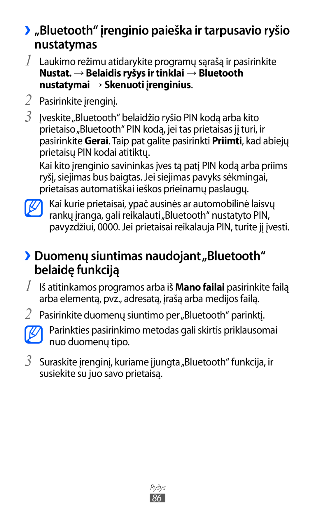 Samsung GT-S5360TKASEB, GT-S5360UWHSEB, GT-S5360UWASEB manual ››Duomenų siuntimas naudojant„Bluetooth belaidę funkciją 