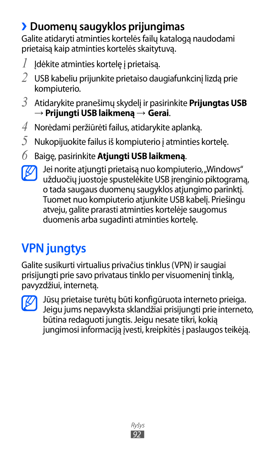 Samsung GT-S5360UWASEB, GT-S5360UWHSEB, GT-S5360TKASEB, GT-S5360OIASEB manual VPN jungtys, ››Duomenų saugyklos prijungimas 