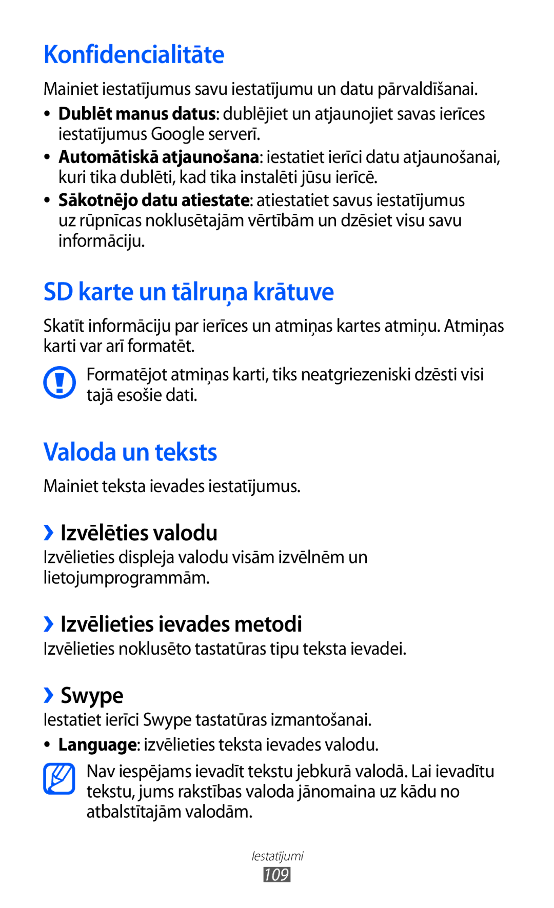 Samsung GT-S5360MAASEB, GT-S5360UWHSEB, GT-S5360TKASEB Konfidencialitāte, SD karte un tālruņa krātuve, Valoda un teksts 