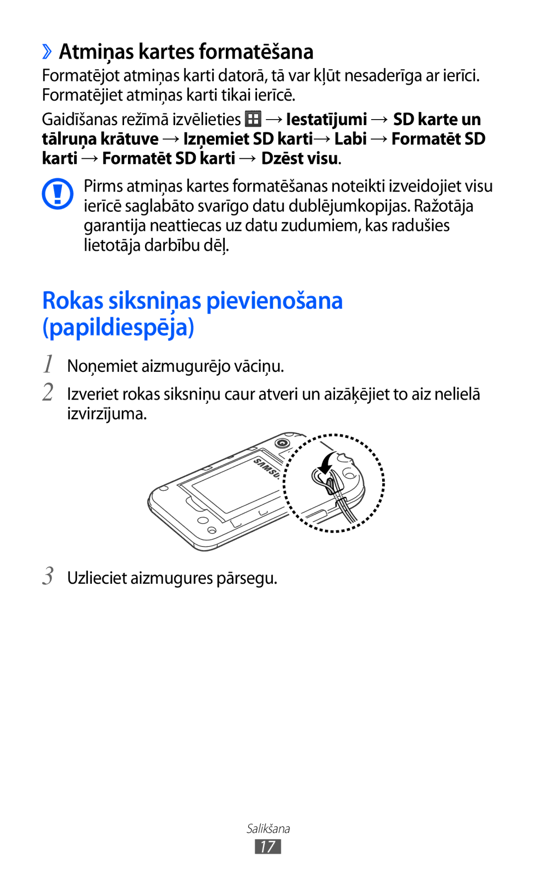 Samsung GT-S5360UWASEB, GT-S5360UWHSEB manual ››Atmiņas kartes formatēšana, Rokas siksniņas pievienošana papildiespēja 