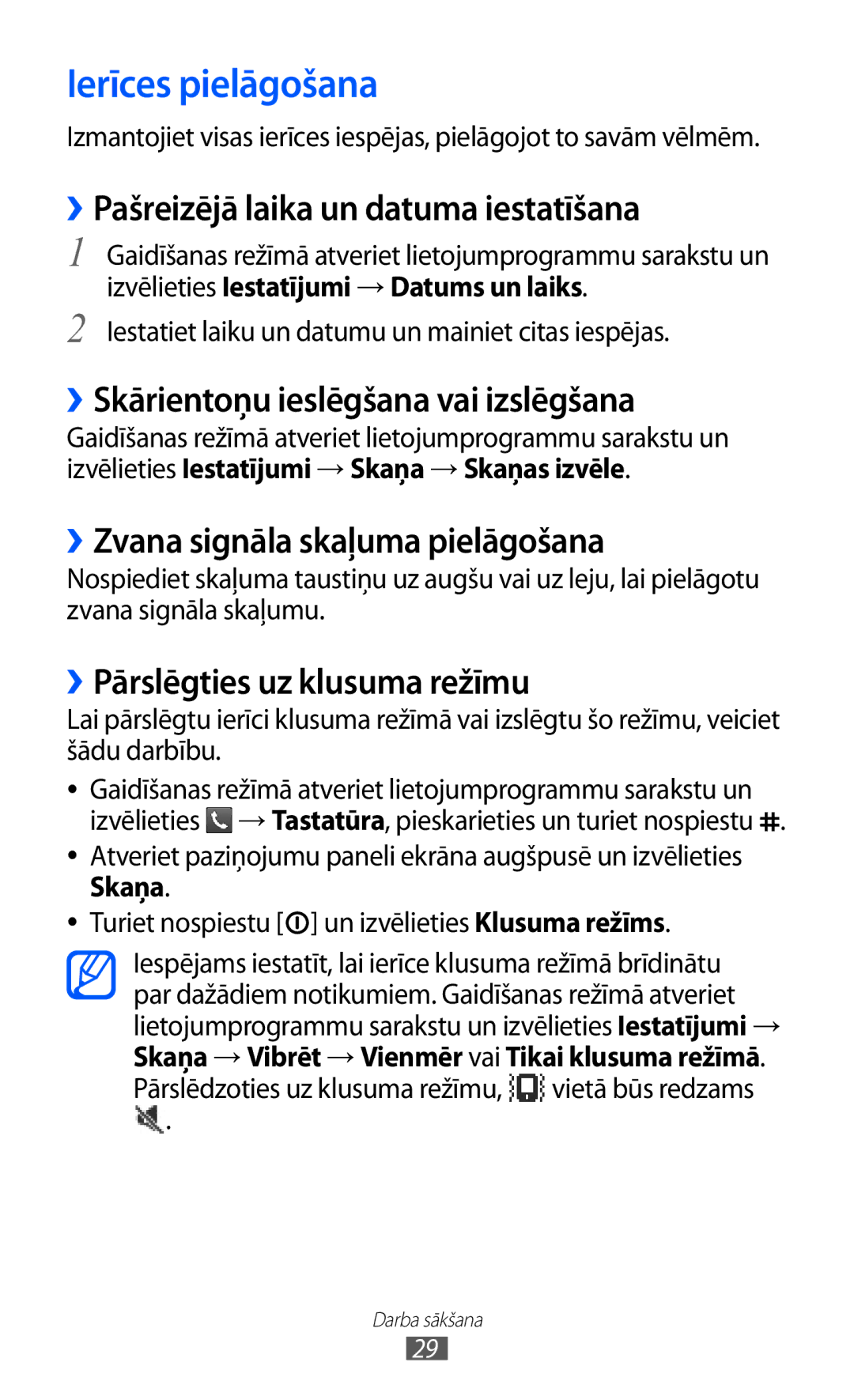 Samsung GT-S5360MAASEB Ierīces pielāgošana, ››Pašreizējā laika un datuma iestatīšana, ››Zvana signāla skaļuma pielāgošana 