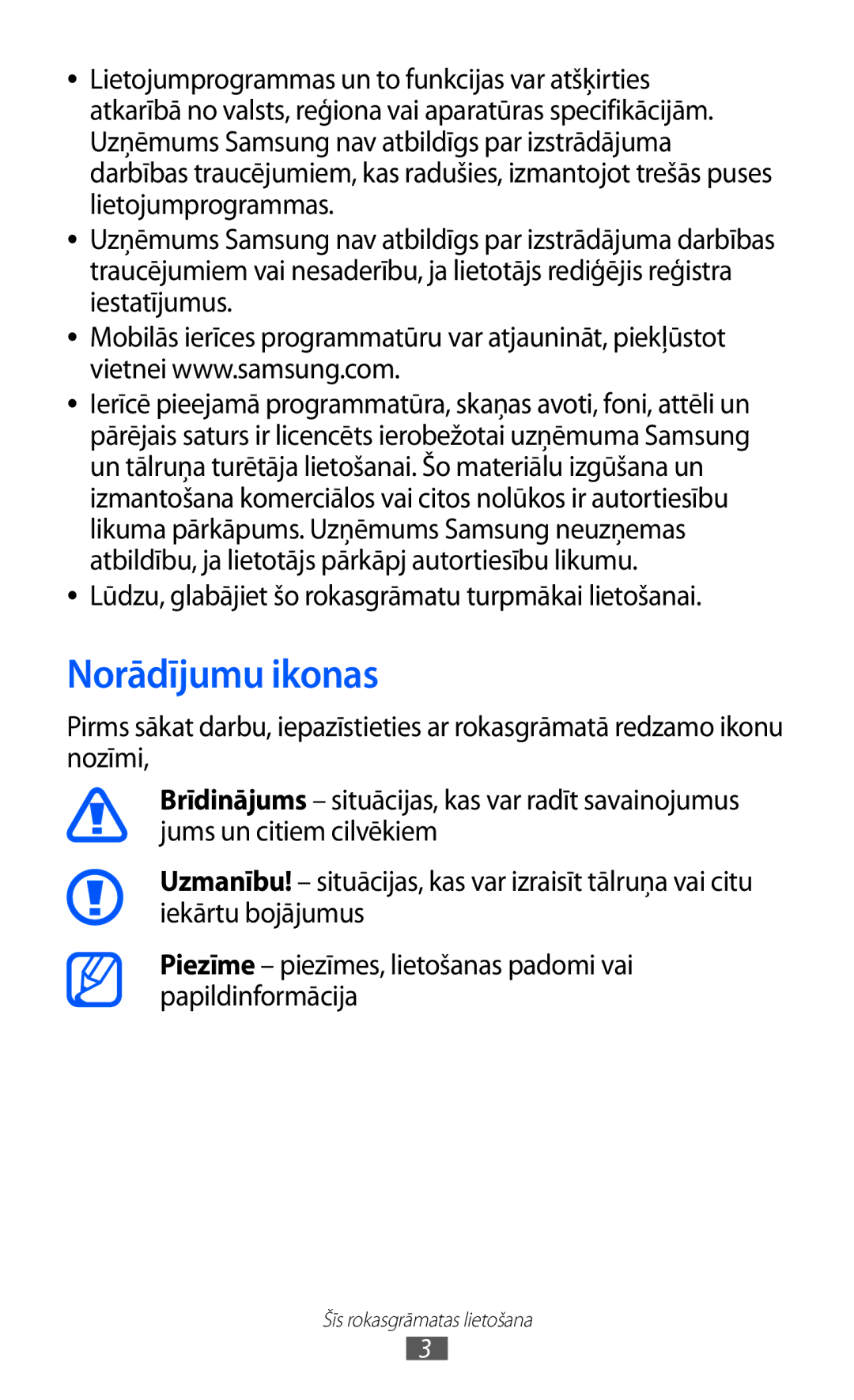 Samsung GT-S5360OIASEB, GT-S5360UWHSEB manual Norādījumu ikonas, Lūdzu, glabājiet šo rokasgrāmatu turpmākai lietošanai 