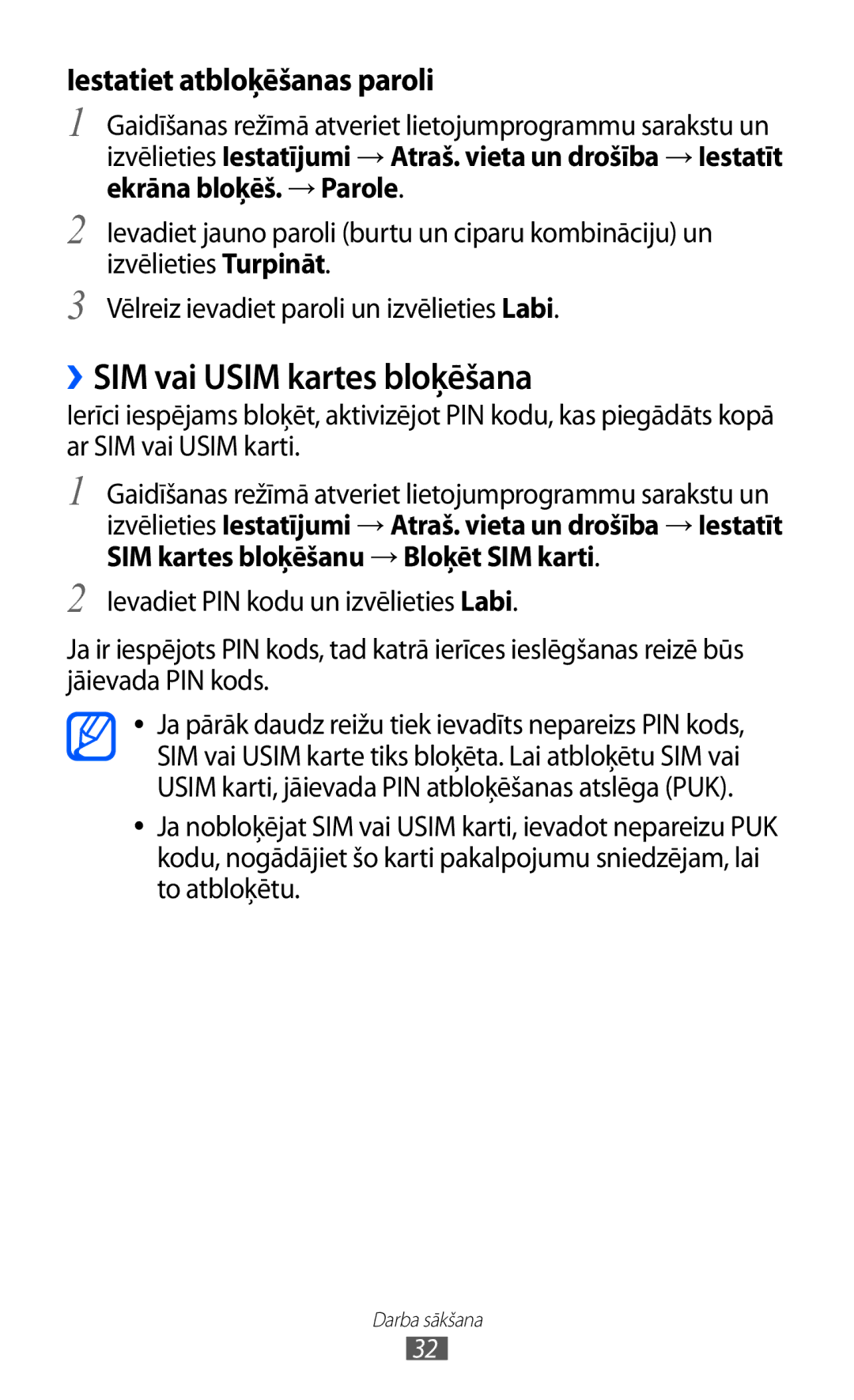 Samsung GT-S5360UWASEB, GT-S5360UWHSEB, GT-S5360TKASEB manual ››SIM vai Usim kartes bloķēšana, Iestatiet atbloķēšanas paroli 