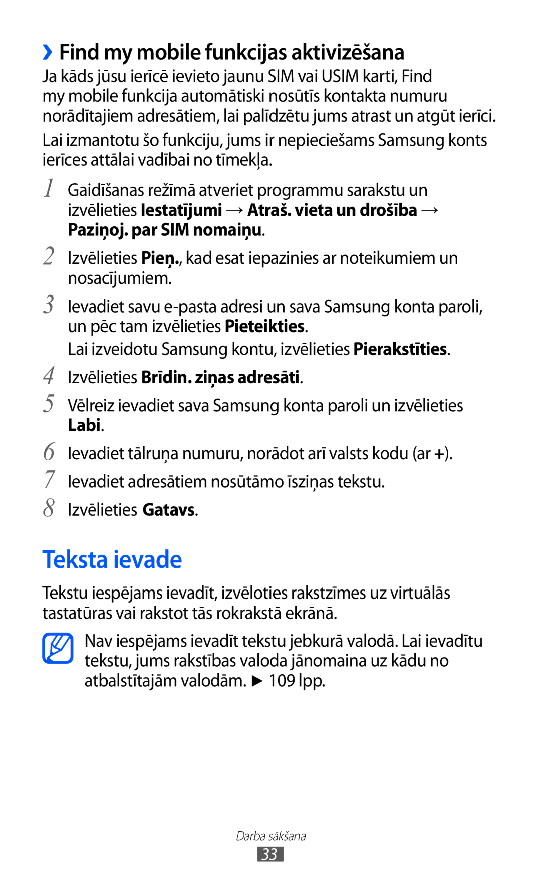 Samsung GT-S5360OIASEB Teksta ievade, ››Find my mobile funkcijas aktivizēšana, Izvēlieties Brīdin. ziņas adresāti, Labi 