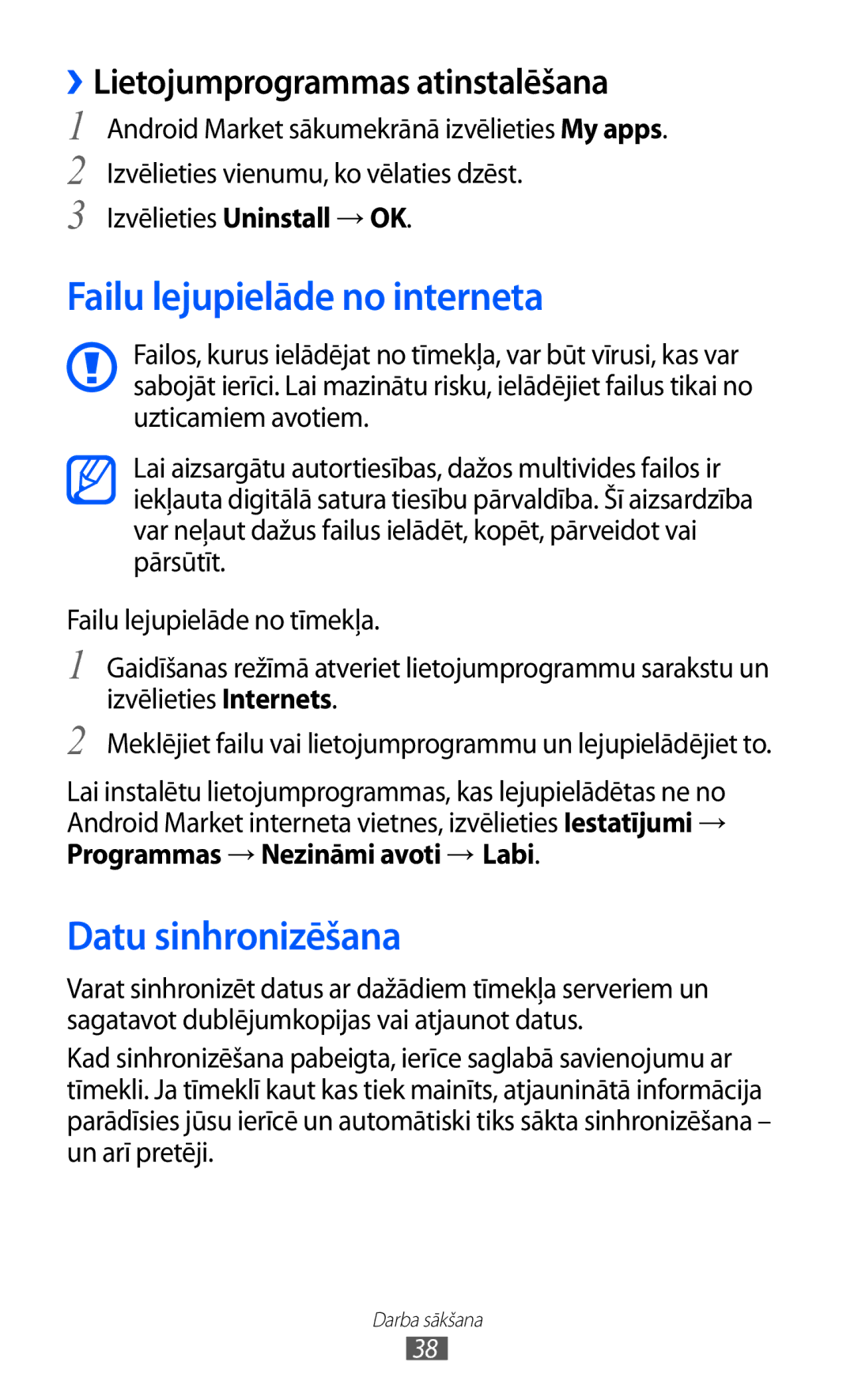 Samsung GT-S5360OIASEB manual Failu lejupielāde no interneta, Datu sinhronizēšana, ››Lietojumprogrammas atinstalēšana 