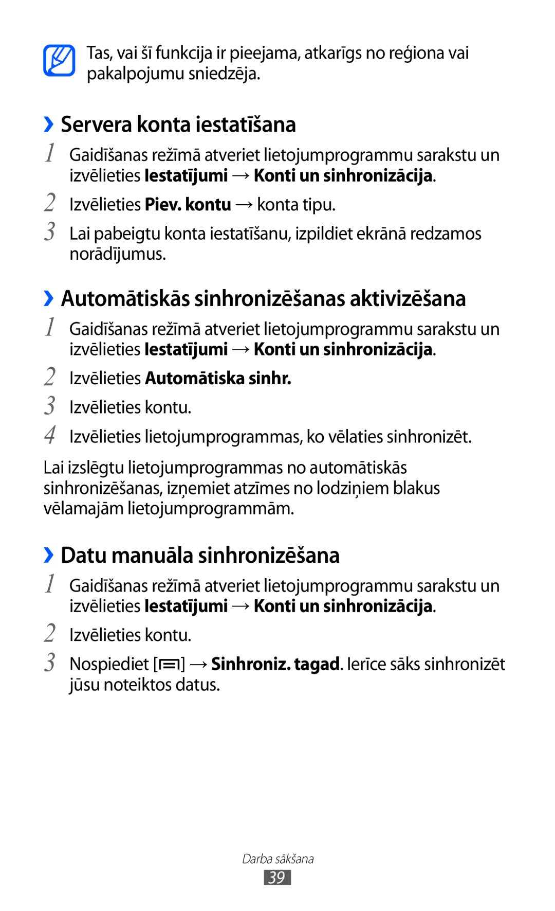 Samsung GT-S5360MAASEB manual ››Servera konta iestatīšana, ››Datu manuāla sinhronizēšana, Izvēlieties Automātiska sinhr 