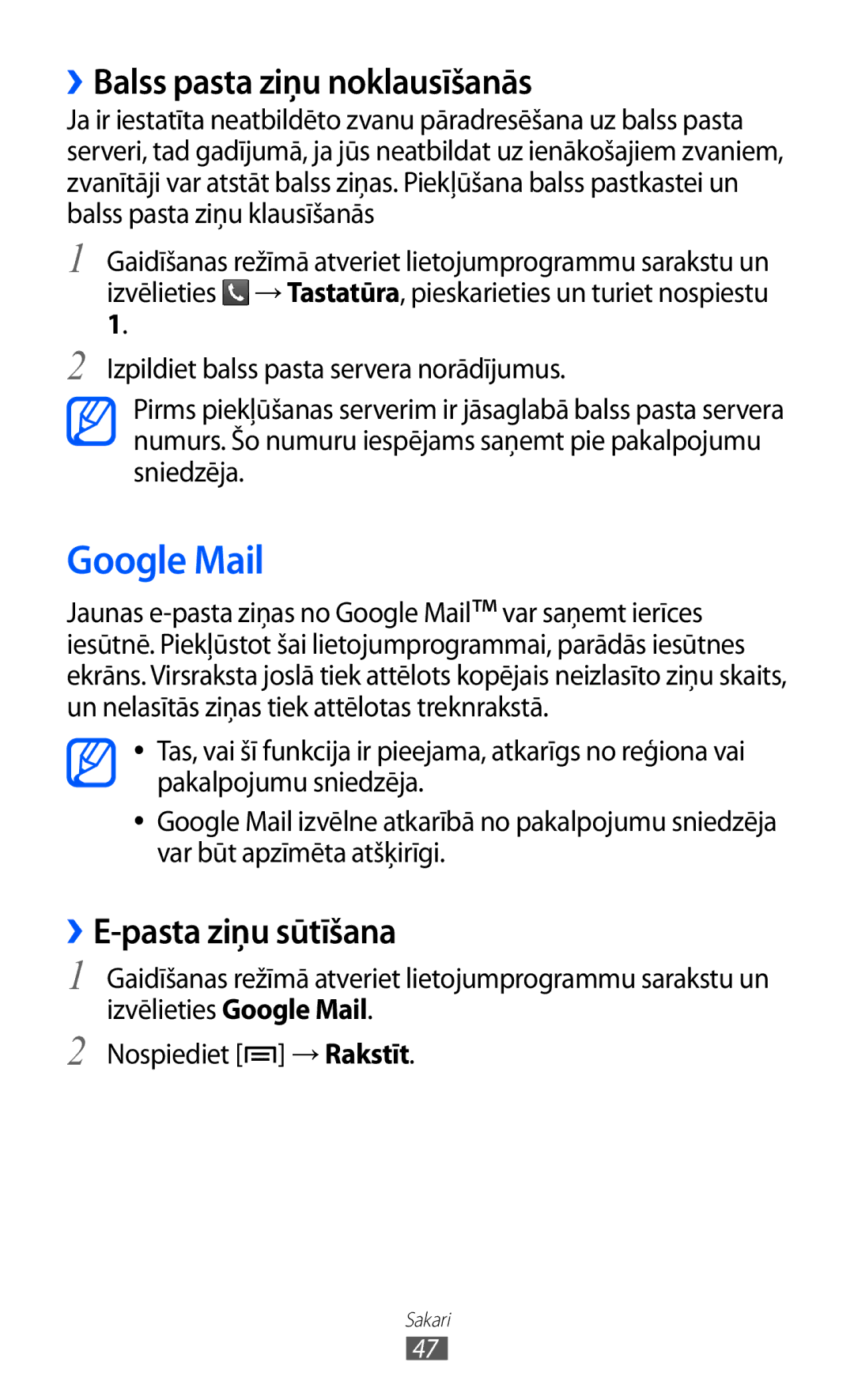 Samsung GT-S5360UWASEB, GT-S5360UWHSEB manual Google Mail, ››Balss pasta ziņu noklausīšanās, ››E-pasta ziņu sūtīšana 