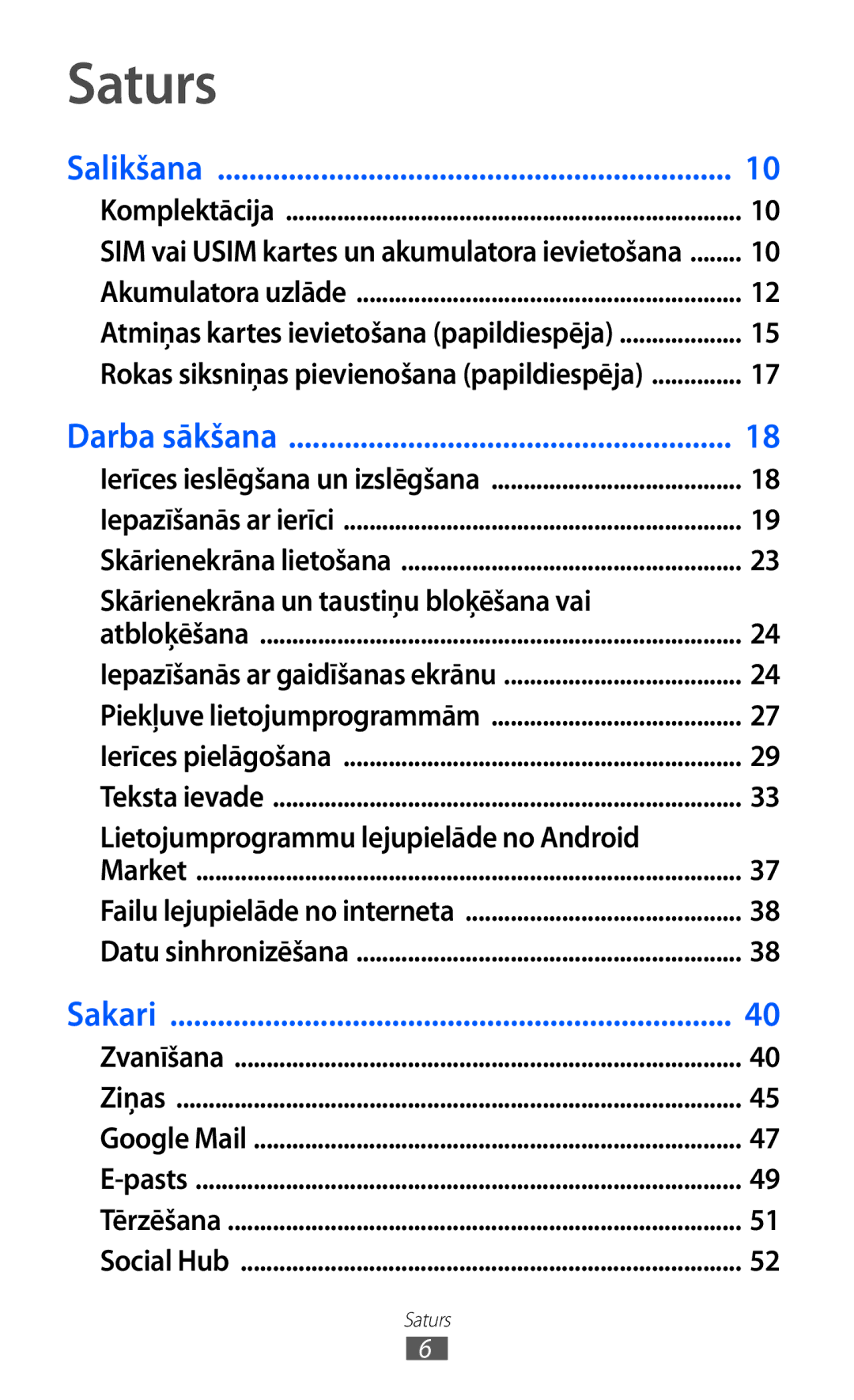 Samsung GT-S5360TKASEB manual Saturs, Skārienekrāna un taustiņu bloķēšana vai, Lietojumprogrammu lejupielāde no Android 