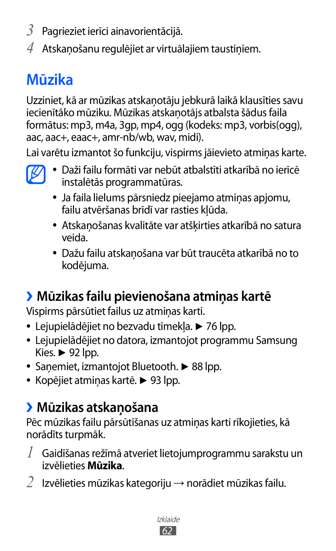 Samsung GT-S5360UWASEB, GT-S5360UWHSEB manual ››Mūzikas failu pievienošana atmiņas kartē, ››Mūzikas atskaņošana 