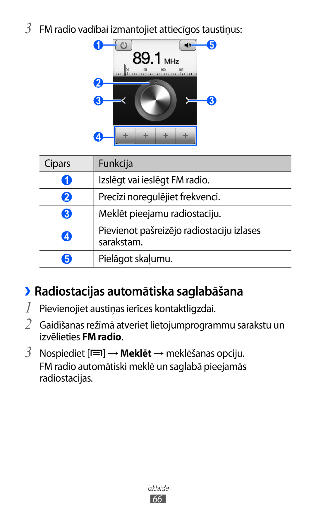 Samsung GT-S5360TKASEB, GT-S5360UWHSEB, GT-S5360UWASEB, GT-S5360OIASEB manual ››Radiostacijas automātiska saglabāšana 