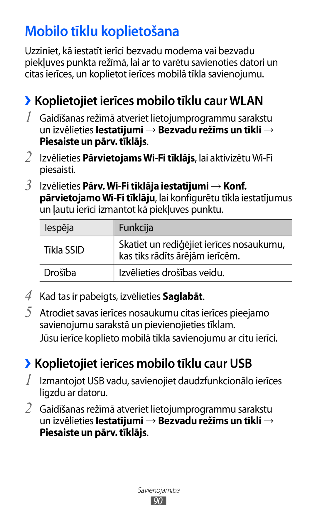 Samsung GT-S5360UWHSEB, GT-S5360TKASEB manual Mobilo tīklu koplietošana, ››Koplietojiet ierīces mobilo tīklu caur Wlan 