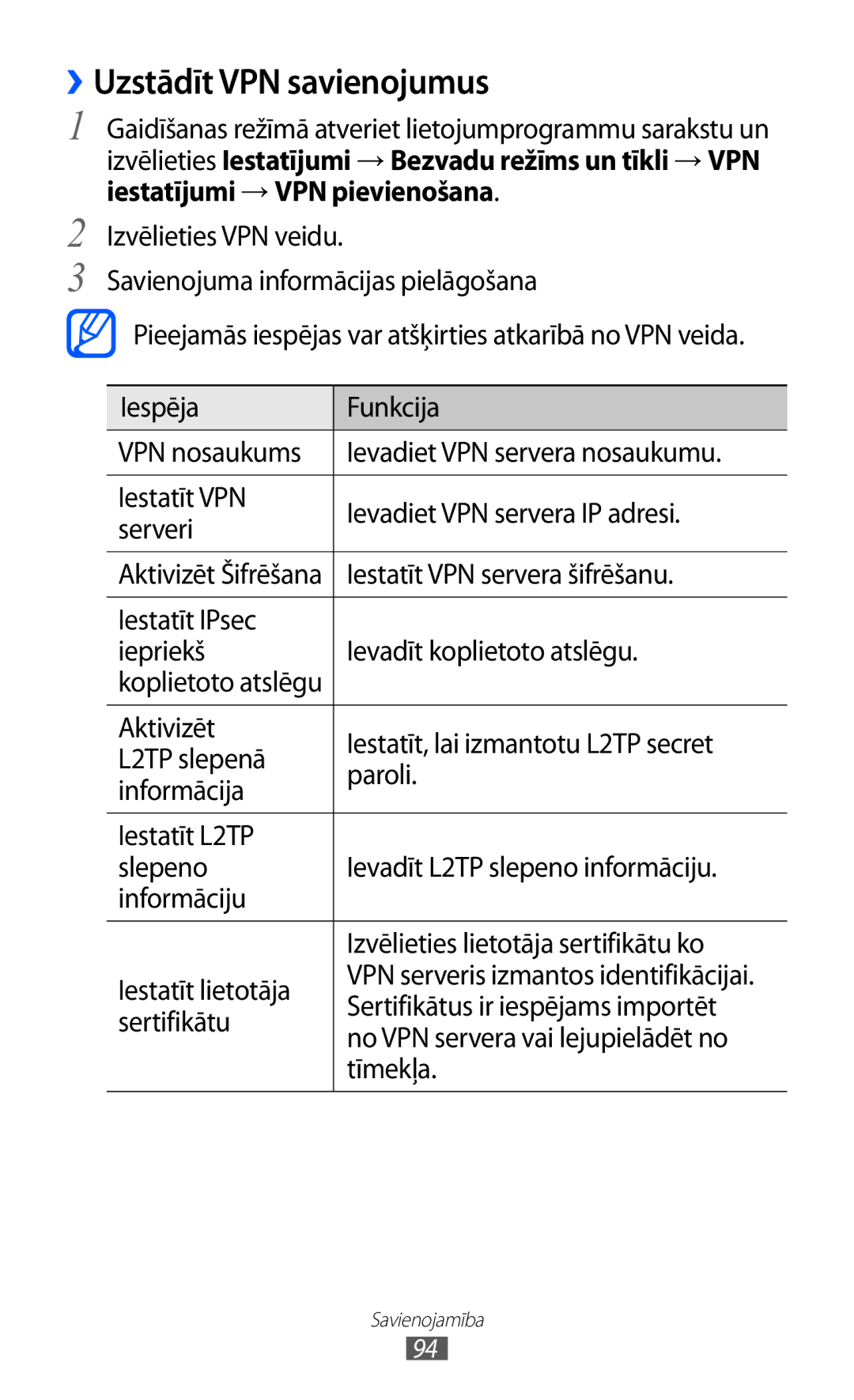 Samsung GT-S5360MAASEB, GT-S5360UWHSEB, GT-S5360TKASEB, GT-S5360UWASEB, GT-S5360OIASEB manual ››Uzstādīt VPN savienojumus 