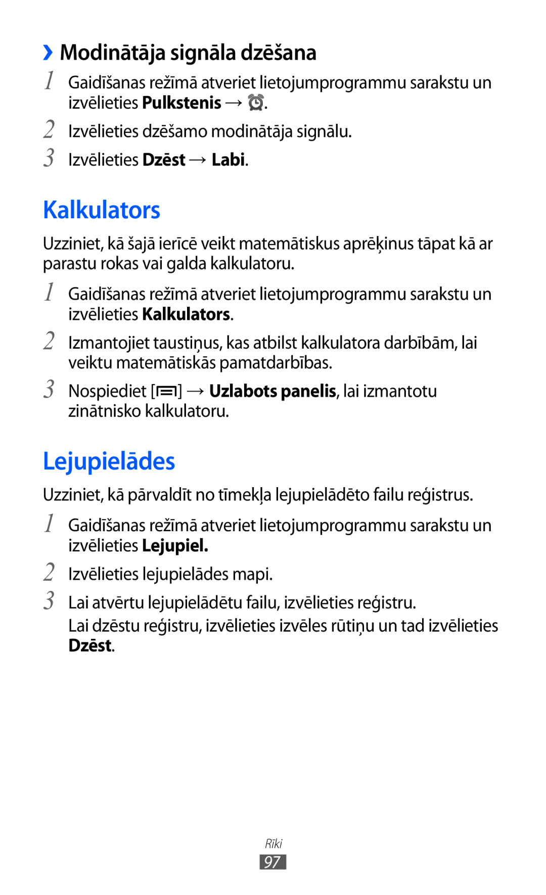 Samsung GT-S5360UWASEB, GT-S5360UWHSEB, GT-S5360TKASEB manual Kalkulators, Lejupielādes, ››Modinātāja signāla dzēšana 