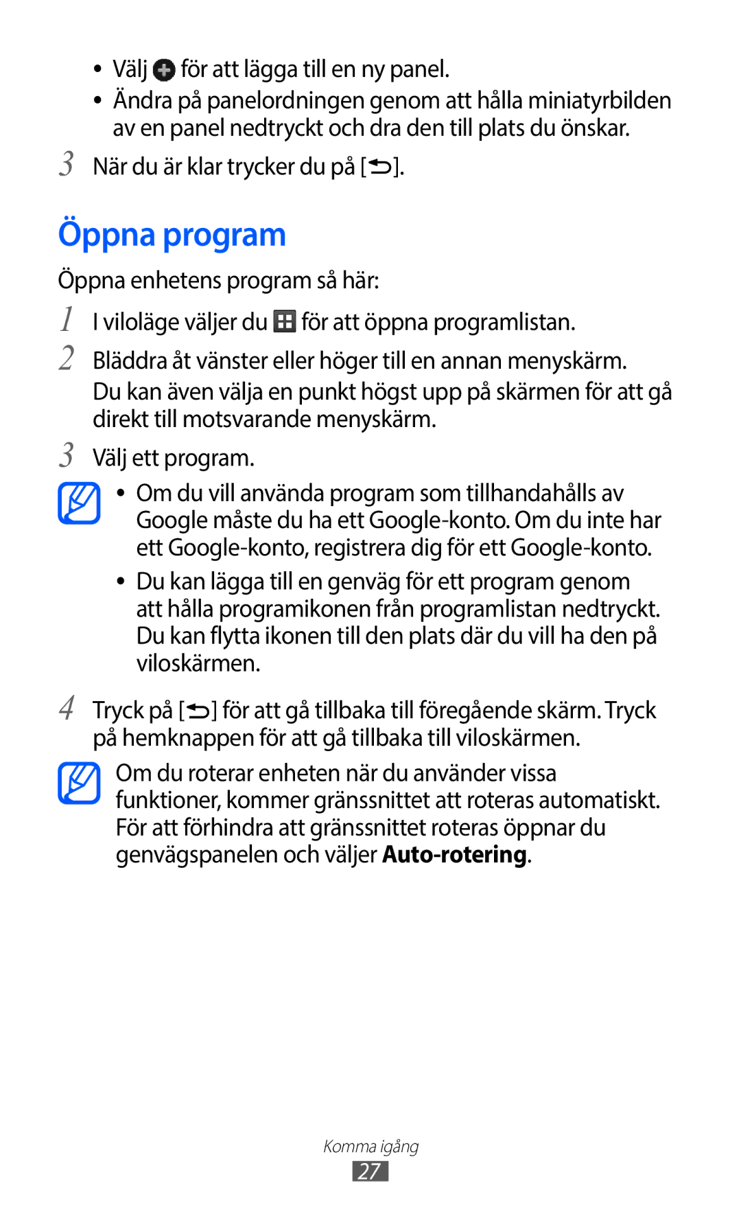 Samsung GT-S5363AAANEE manual Öppna program, Välj för att lägga till en ny panel, När du är klar trycker du på 