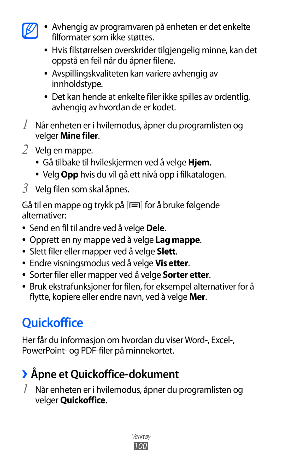 Samsung GT-S5363AAANEE manual ››Åpne et Quickoffice-dokument, 100 