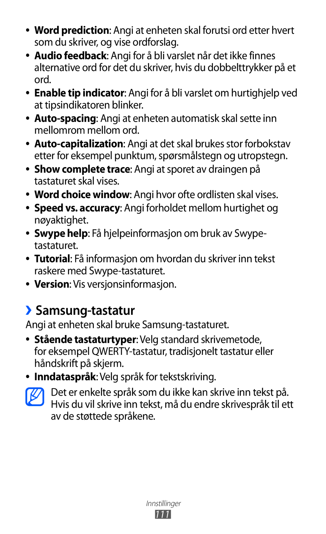 Samsung GT-S5363AAANEE manual ››Samsung-tastatur, Angi at enheten skal bruke Samsung-tastaturet, 111 