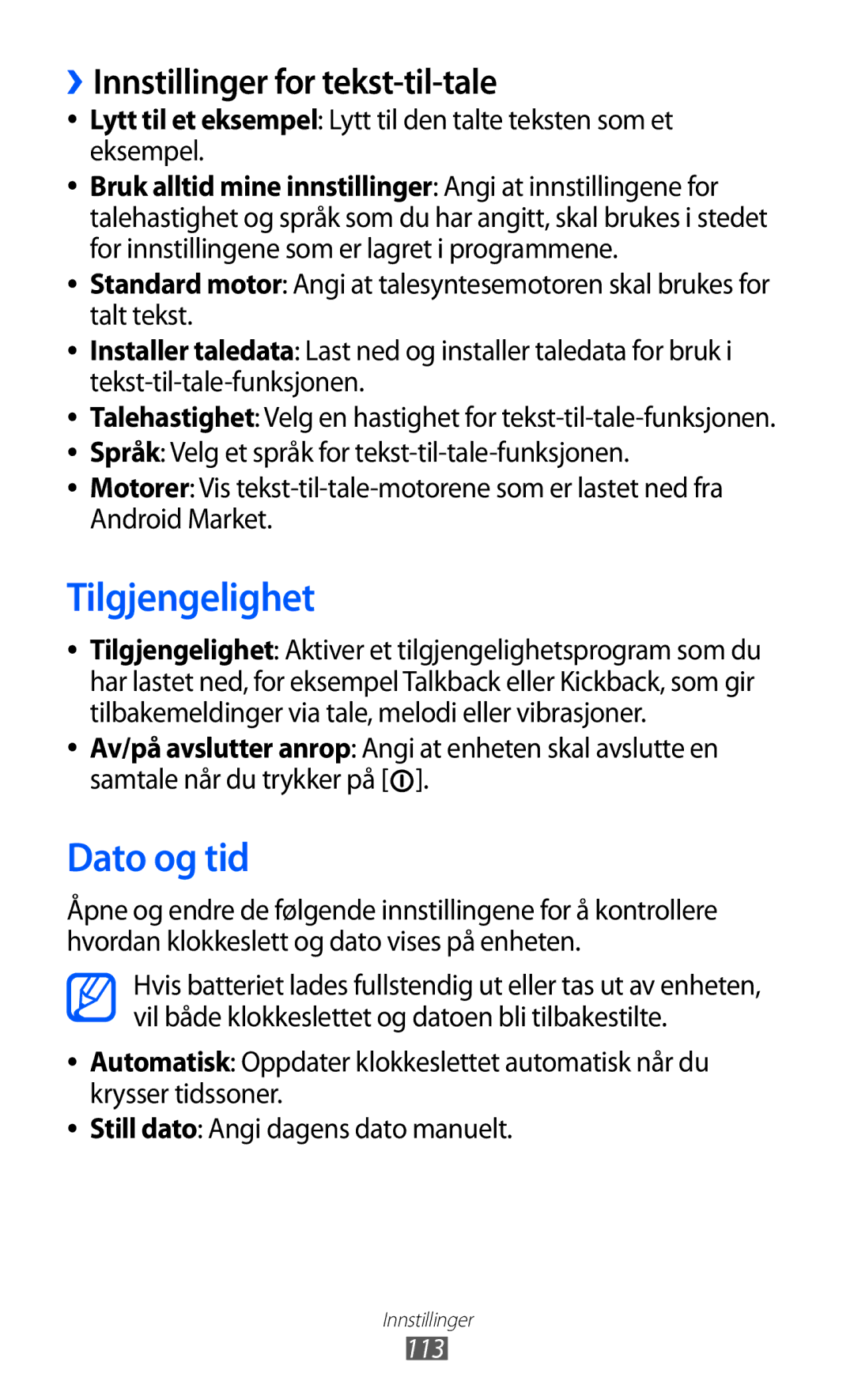 Samsung GT-S5363AAANEE manual Tilgjengelighet, Dato og tid, ››Innstillinger for tekst-til-tale, 113 