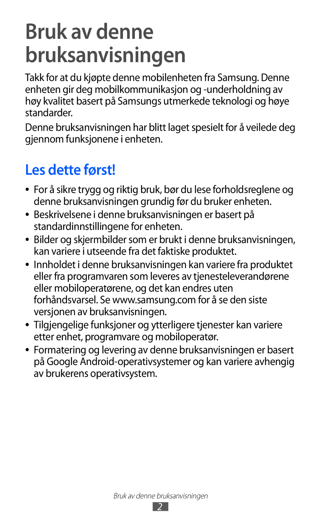 Samsung GT-S5363AAANEE manual Bruk av denne bruksanvisningen, Les dette først 