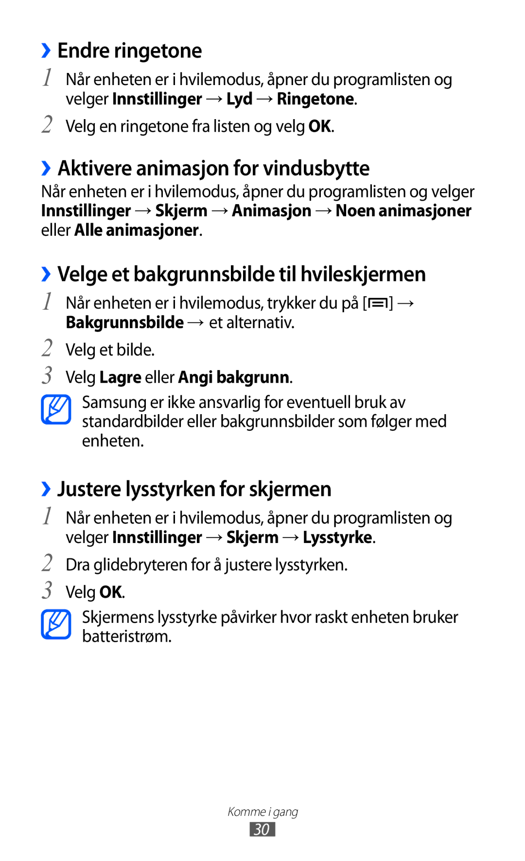 Samsung GT-S5363AAANEE manual ››Endre ringetone, ››Aktivere animasjon for vindusbytte, ››Justere lysstyrken for skjermen 