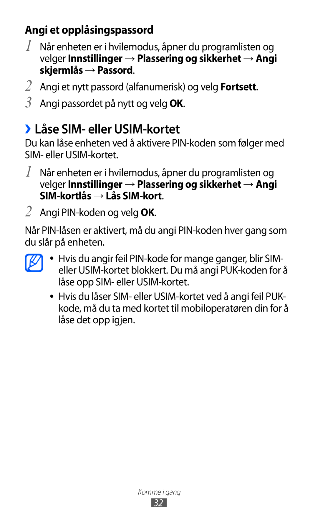 Samsung GT-S5363AAANEE manual ››Låse SIM- eller USIM-kortet, Angi et opplåsingspassord 