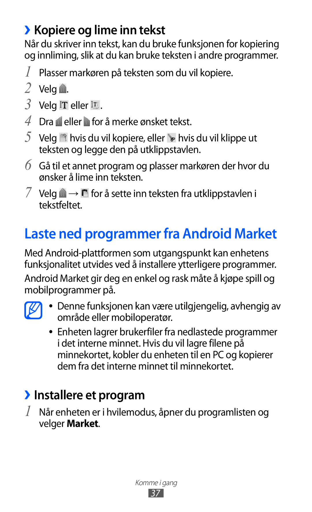 Samsung GT-S5363AAANEE manual ››Kopiere og lime inn tekst, ››Installere et program 