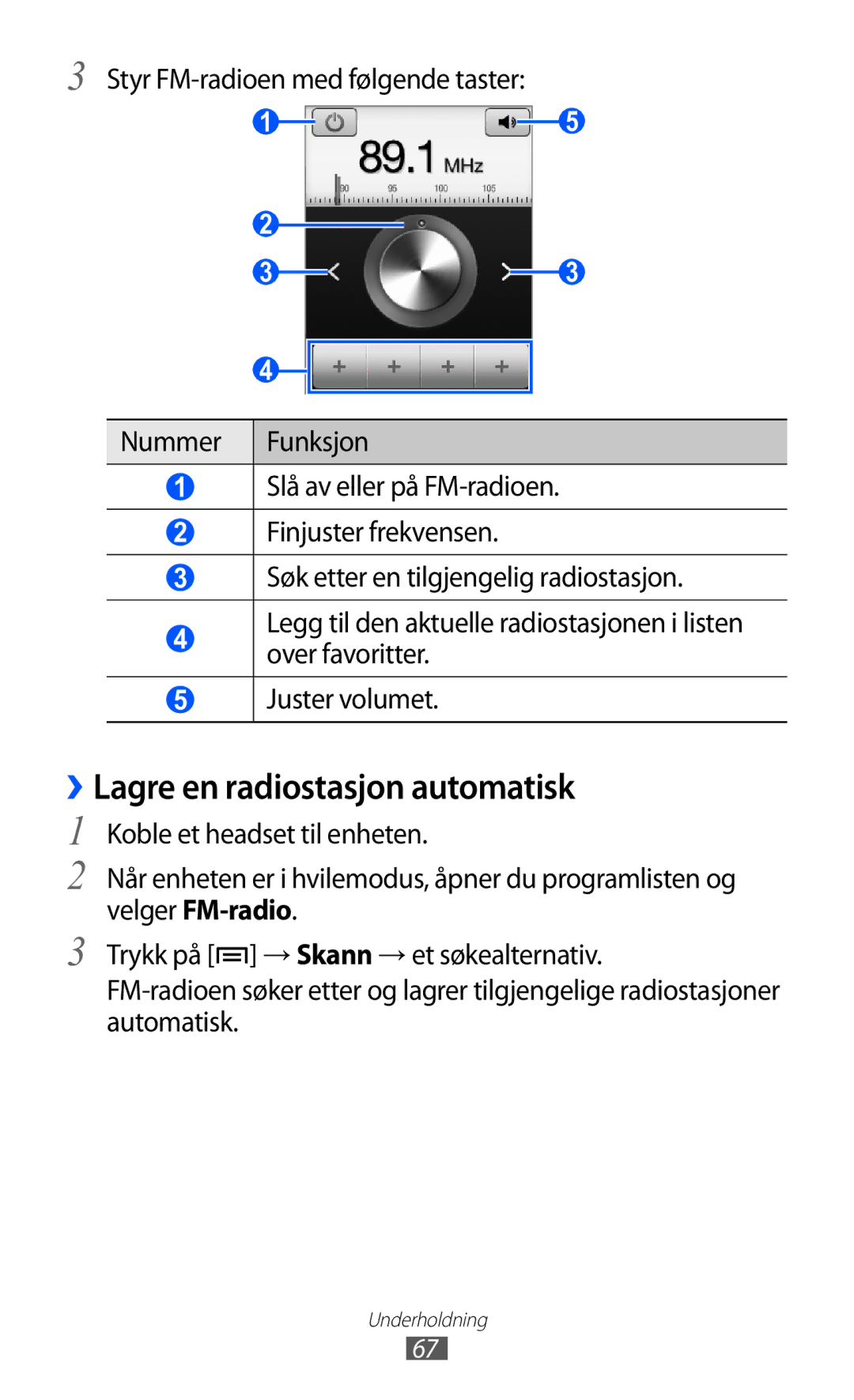 Samsung GT-S5363AAANEE manual ››Lagre en radiostasjon automatisk 