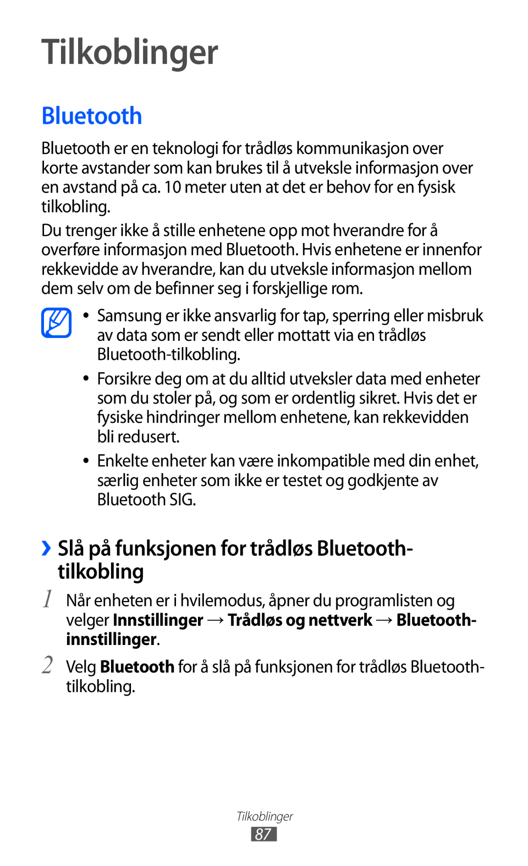 Samsung GT-S5363AAANEE manual Tilkoblinger, ››Slå på funksjonen for trådløs Bluetooth- tilkobling 