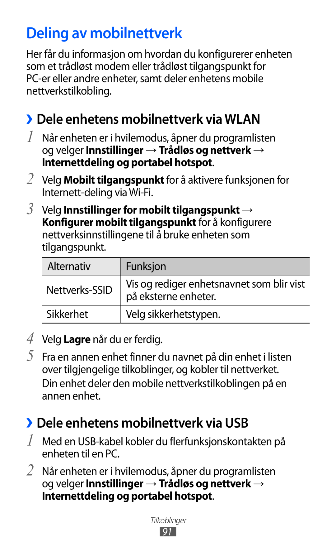 Samsung GT-S5363AAANEE manual Deling av mobilnettverk, ››Dele enhetens mobilnettverk via Wlan 