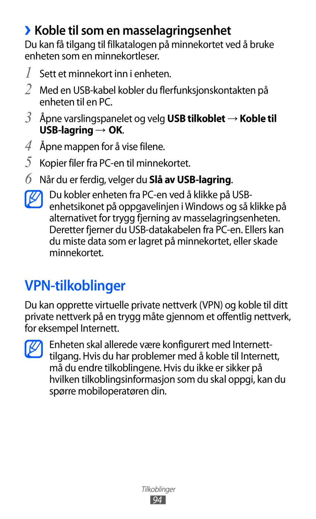 Samsung GT-S5363AAANEE manual VPN-tilkoblinger, ››Koble til som en masselagringsenhet 