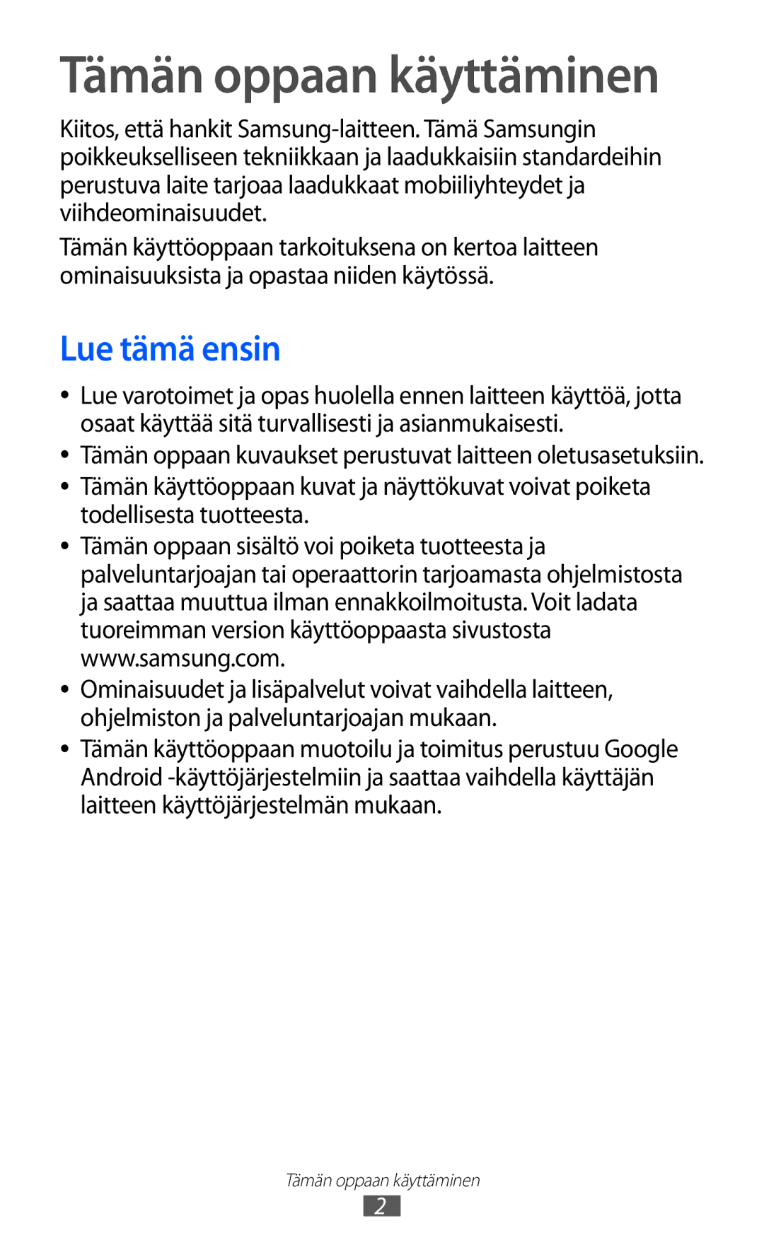 Samsung GT-S5363AAANEE manual Tämän oppaan käyttäminen, Lue tämä ensin 