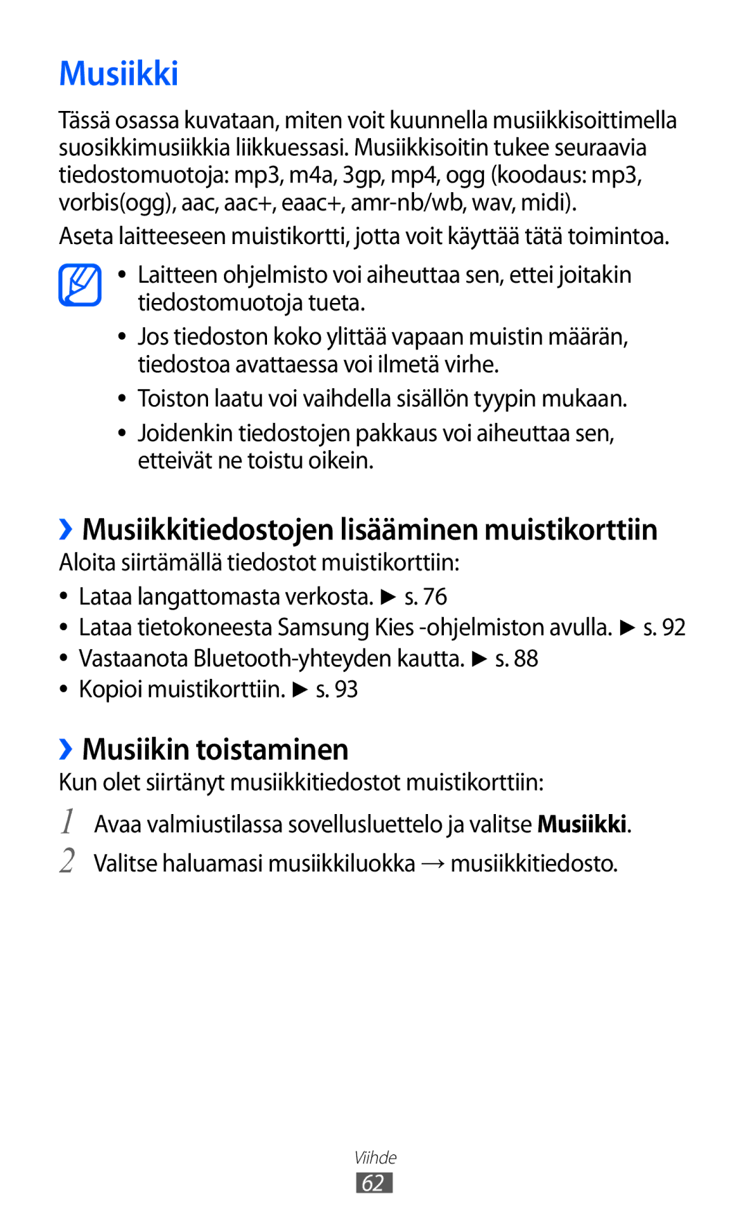 Samsung GT-S5363AAANEE manual Musiikki, ››Musiikin toistaminen, Kopioi muistikorttiin. s 