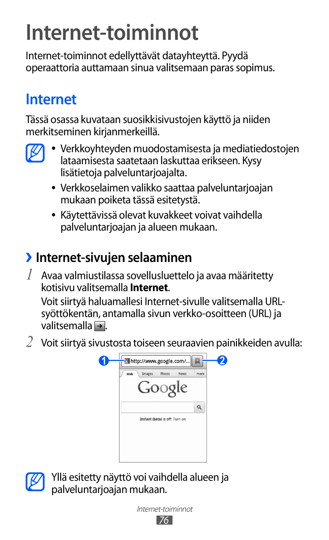 Samsung GT-S5363AAANEE manual Internet-toiminnot, ››Internet-sivujen selaaminen 