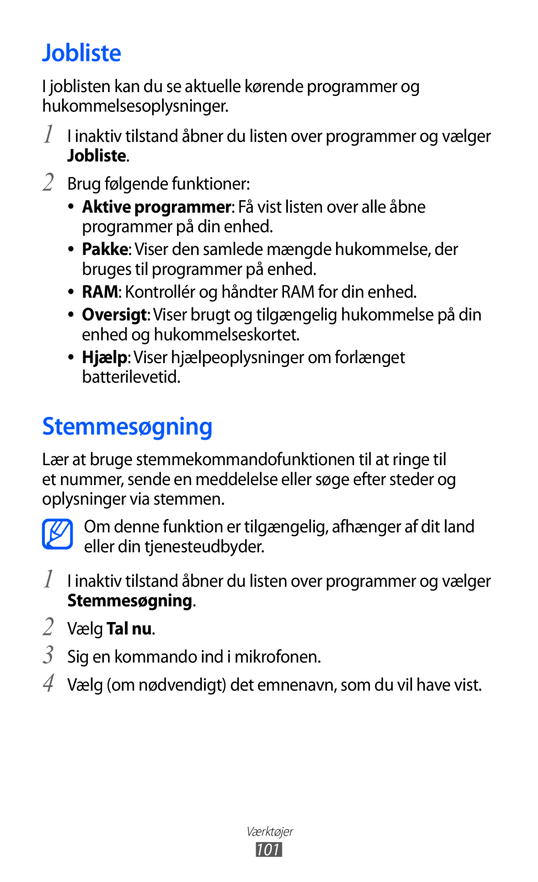 Samsung GT-S5363AAANEE manual Jobliste, Stemmesøgning, 101 