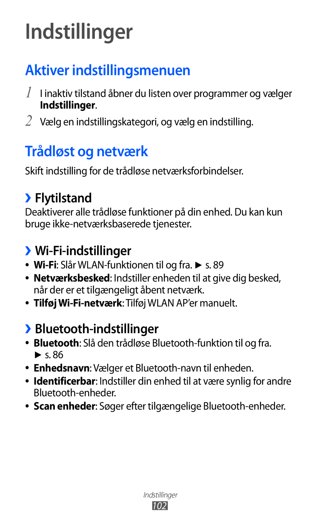 Samsung GT-S5363AAANEE manual Indstillinger, Aktiver indstillingsmenuen, Trådløst og netværk 