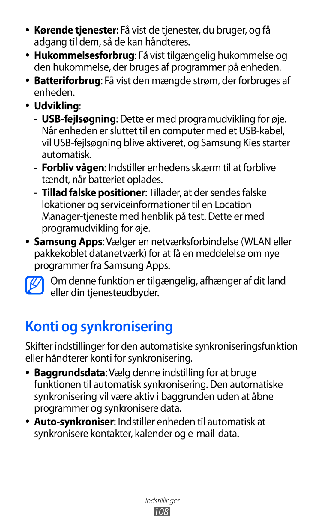 Samsung GT-S5363AAANEE manual Konti og synkronisering, Udvikling, 108 
