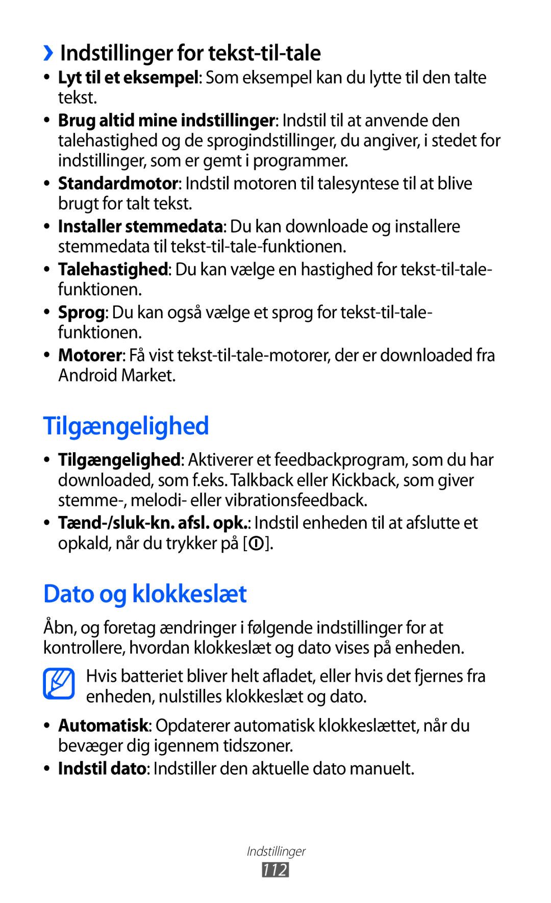 Samsung GT-S5363AAANEE manual Tilgængelighed, Dato og klokkeslæt, ››Indstillinger for tekst-til-tale, 112 