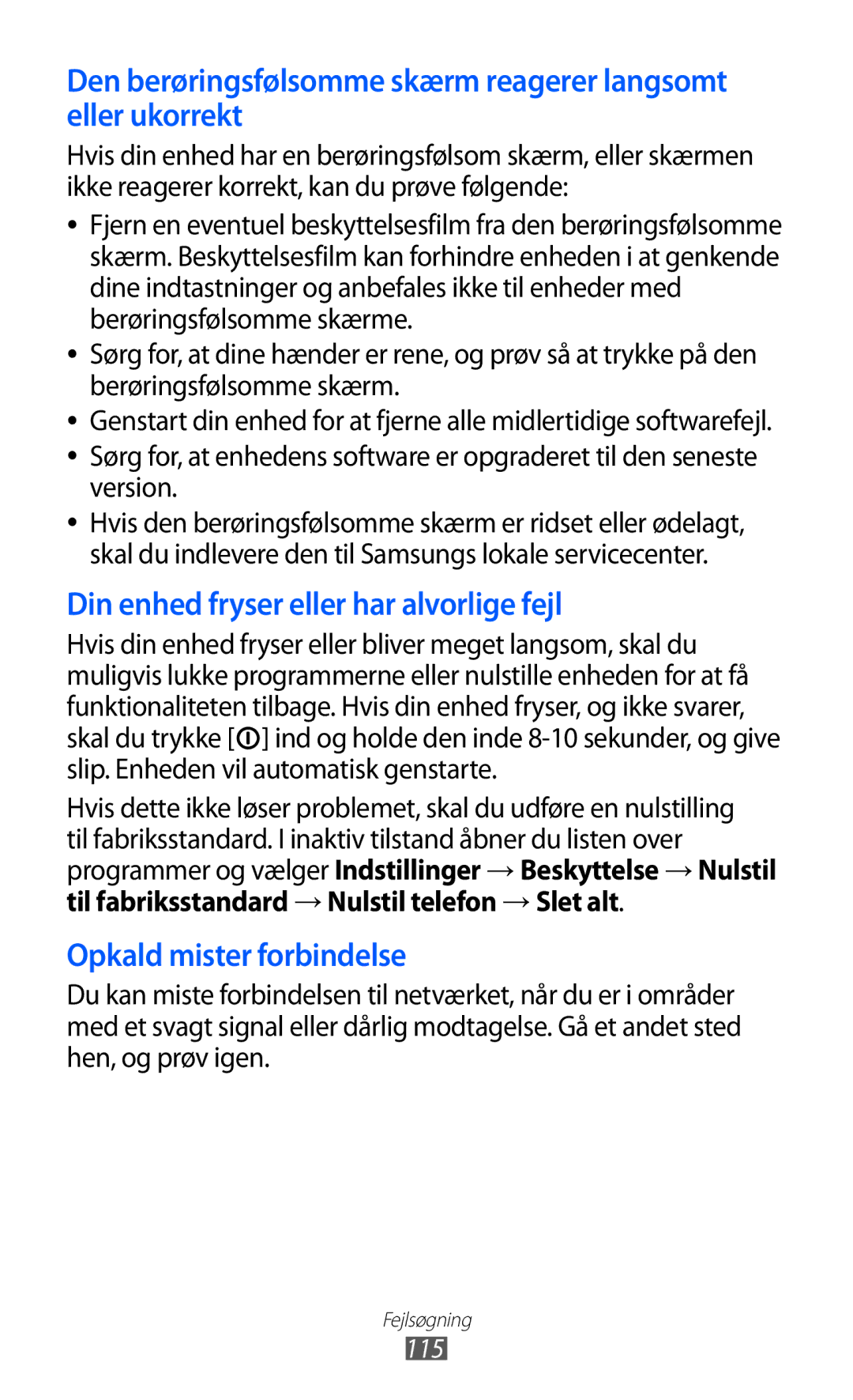 Samsung GT-S5363AAANEE manual Din enhed fryser eller har alvorlige fejl, 115 