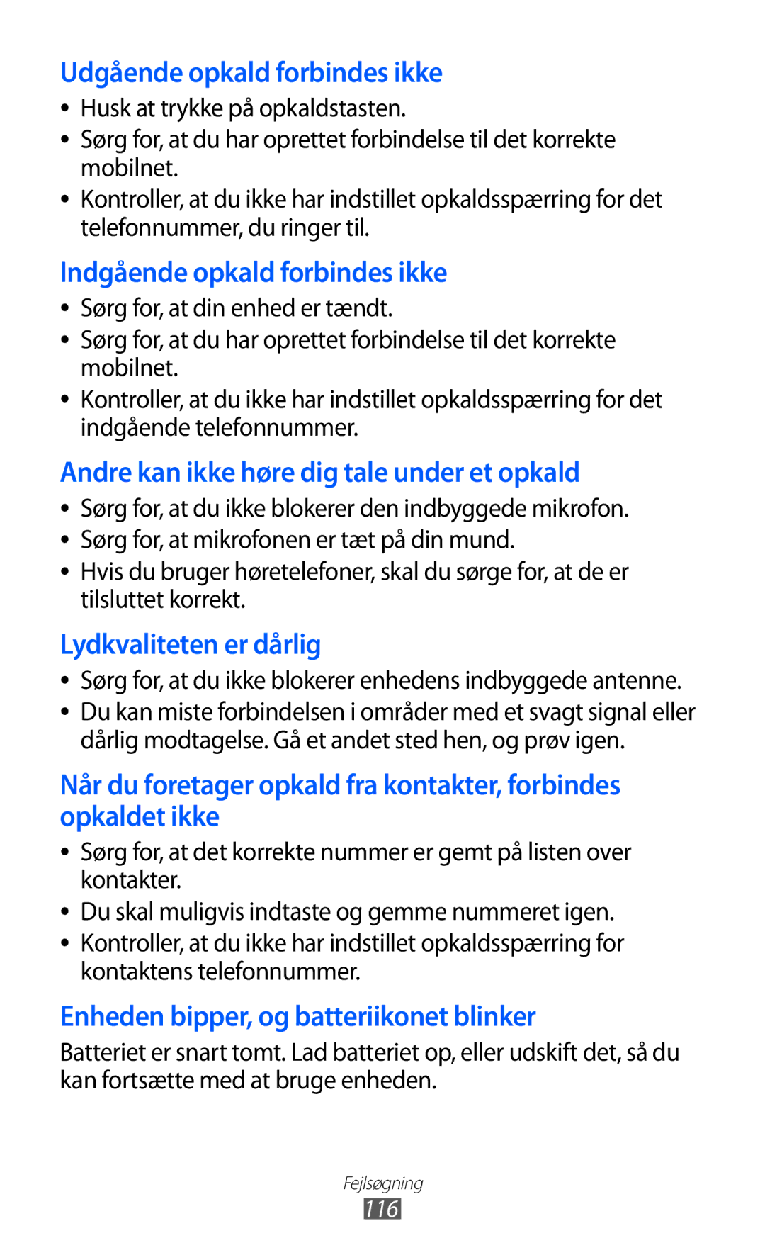 Samsung GT-S5363AAANEE manual Udgående opkald forbindes ikke, 116 