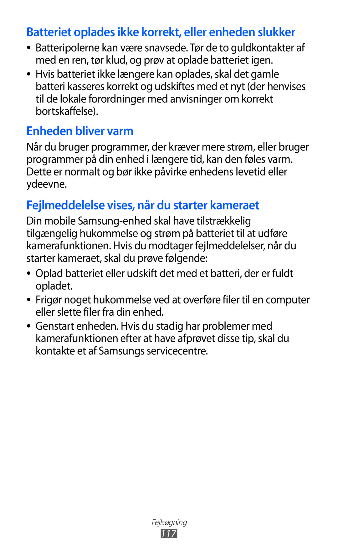 Samsung GT-S5363AAANEE manual Batteriet oplades ikke korrekt, eller enheden slukker, 117 