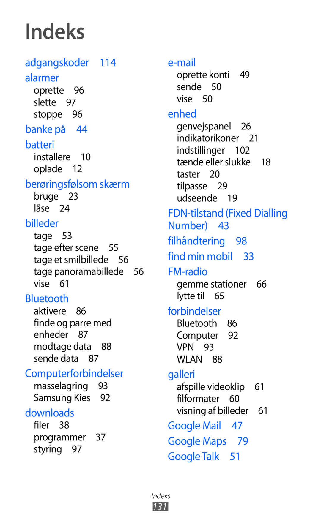 Samsung GT-S5363AAANEE manual Indeks, 131 