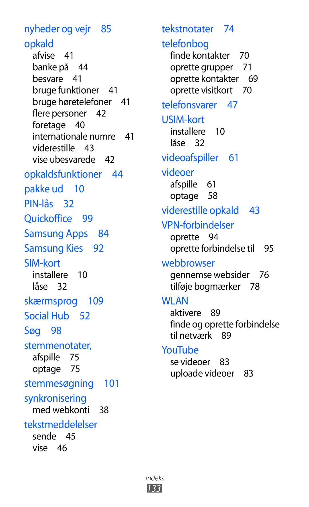 Samsung GT-S5363AAANEE manual Opkald, 133 