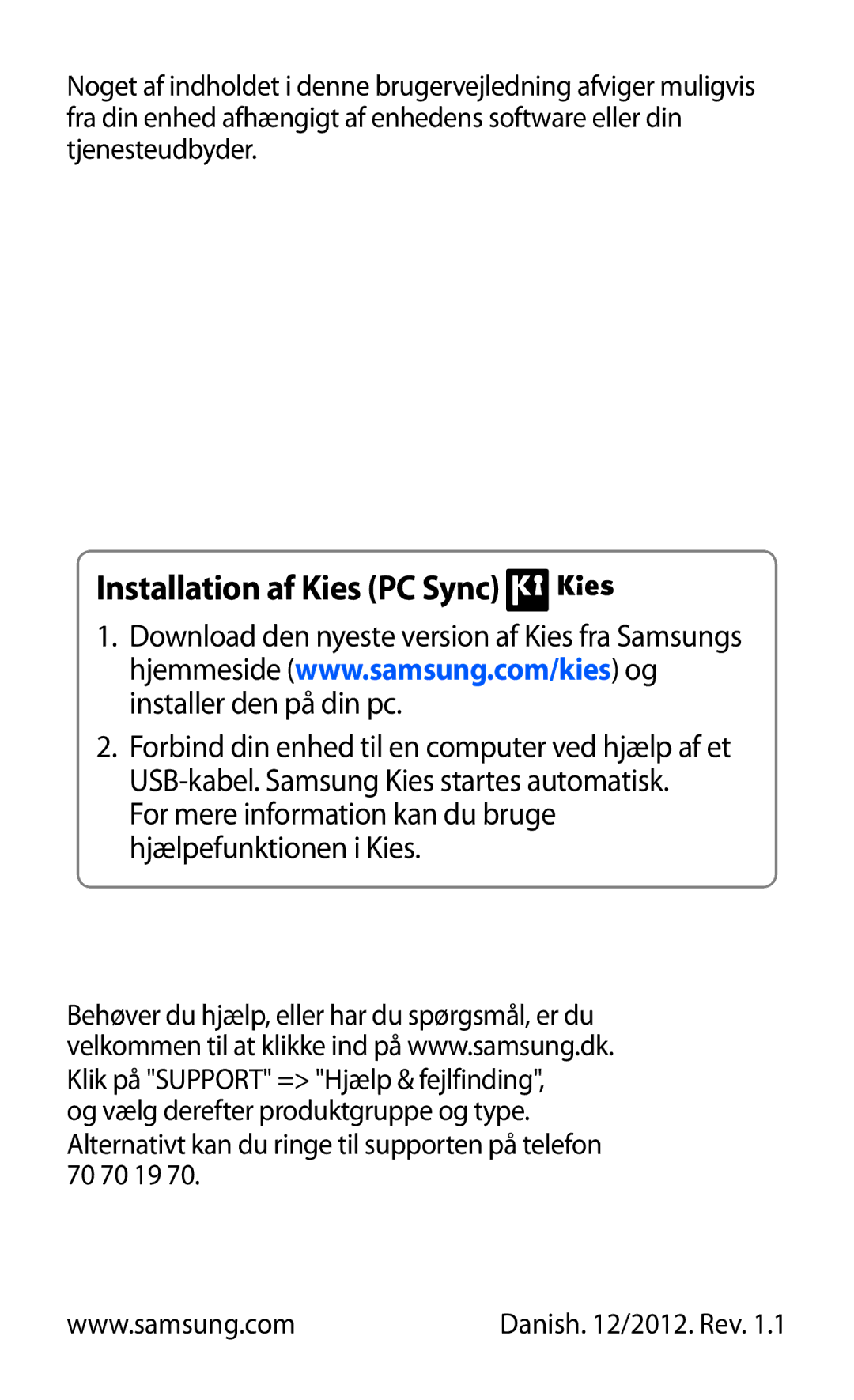 Samsung GT-S5363AAANEE manual Installation af Kies PC Sync 