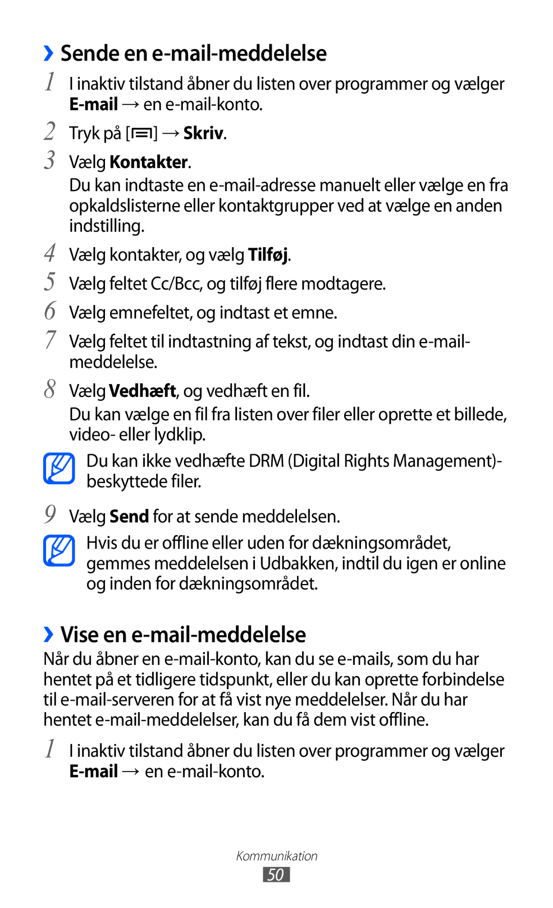 Samsung GT-S5363AAANEE manual ››Vise en e-mail-meddelelse, Vælg Kontakter 