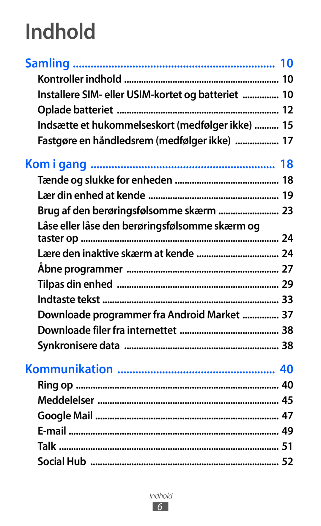 Samsung GT-S5363AAANEE manual Indhold, Samling 