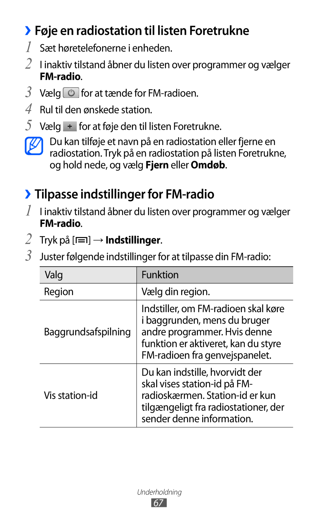 Samsung GT-S5363AAANEE manual ››Føje en radiostation til listen Foretrukne, ››Tilpasse indstillinger for FM-radio 