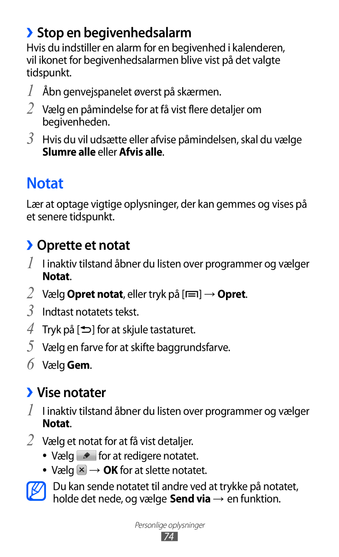 Samsung GT-S5363AAANEE manual Notat, ››Stop en begivenhedsalarm, ››Oprette et notat, ››Vise notater 