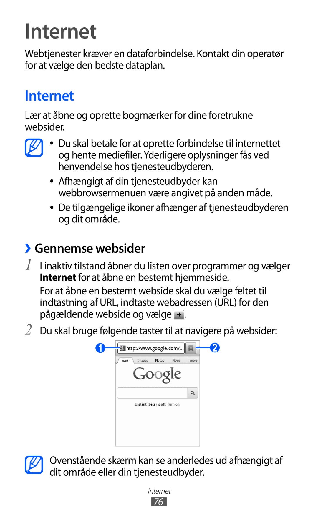 Samsung GT-S5363AAANEE manual Internet, ››Gennemse websider, Du skal bruge følgende taster til at navigere på websider 