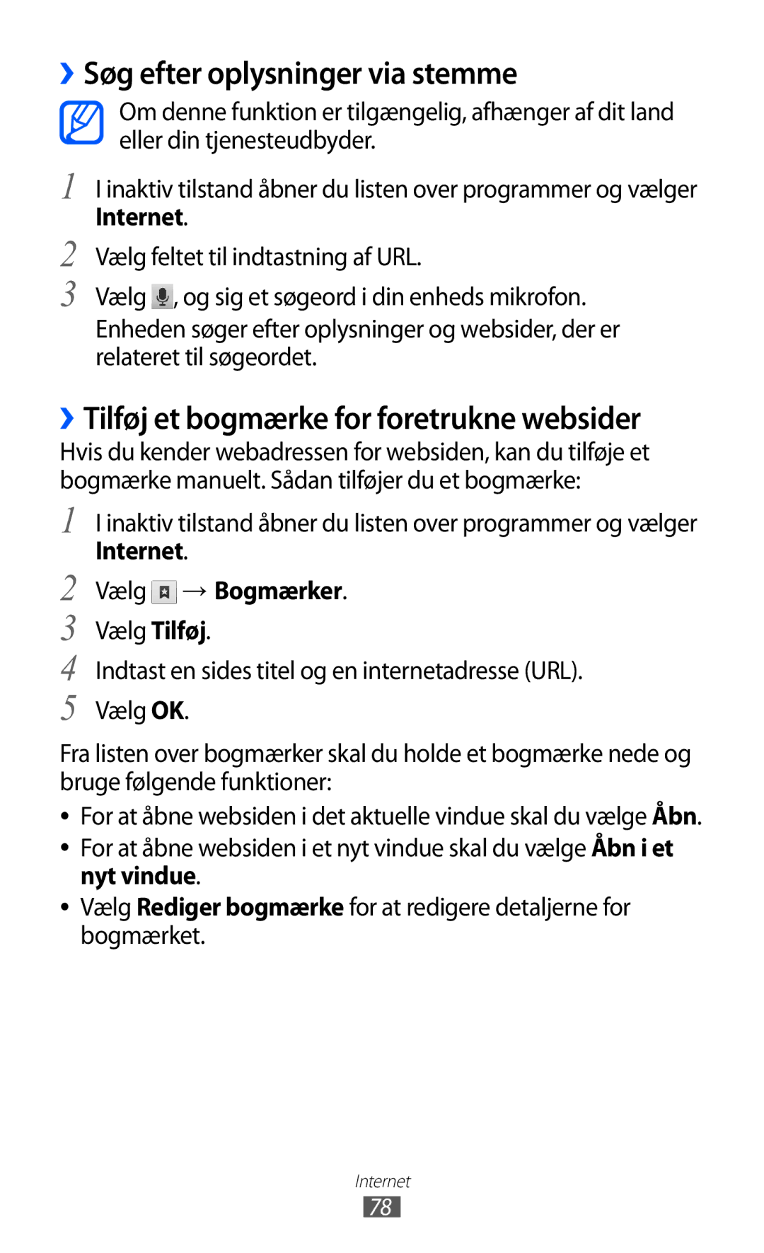 Samsung GT-S5363AAANEE manual ››Søg efter oplysninger via stemme, Internet Vælg → Bogmærker, Nyt vindue 