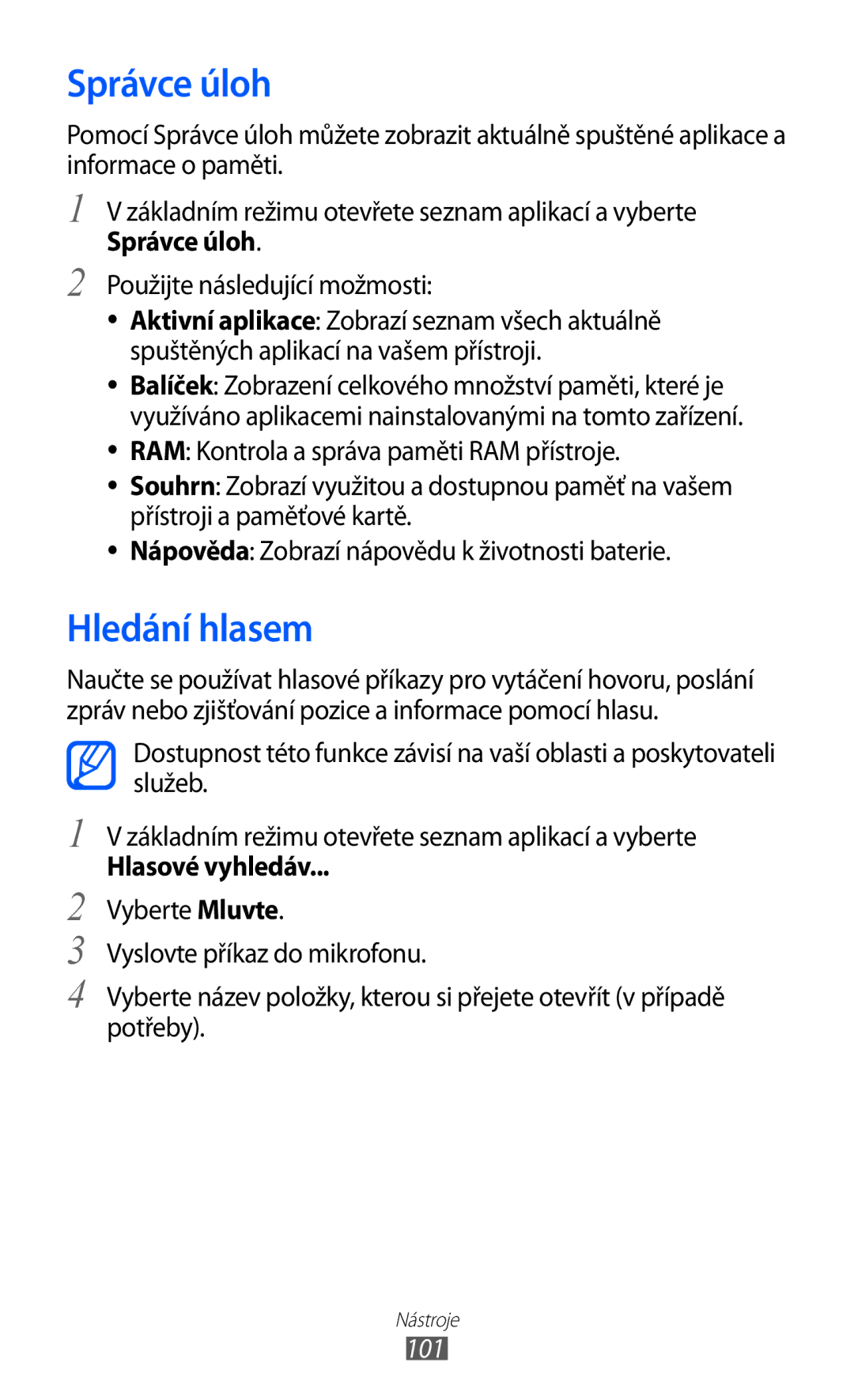 Samsung GT2S5363AAAO2C, GT-S5363AAAO2C manual Správce úloh, Hledání hlasem, Hlasové vyhledáv, 101 